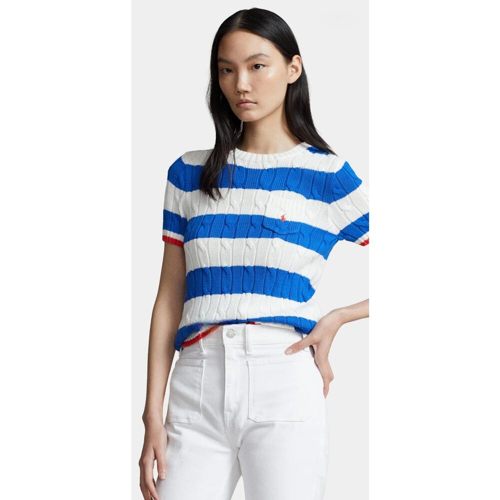 Polo Ralph Lauren Striped Cable Knit Short Sleeve Sweater Blue White QR Auth